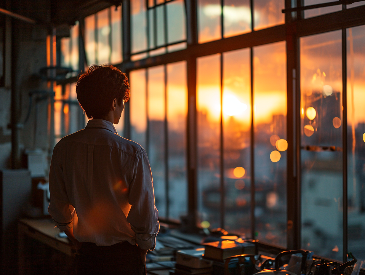 Japanese man looking out window in clean office