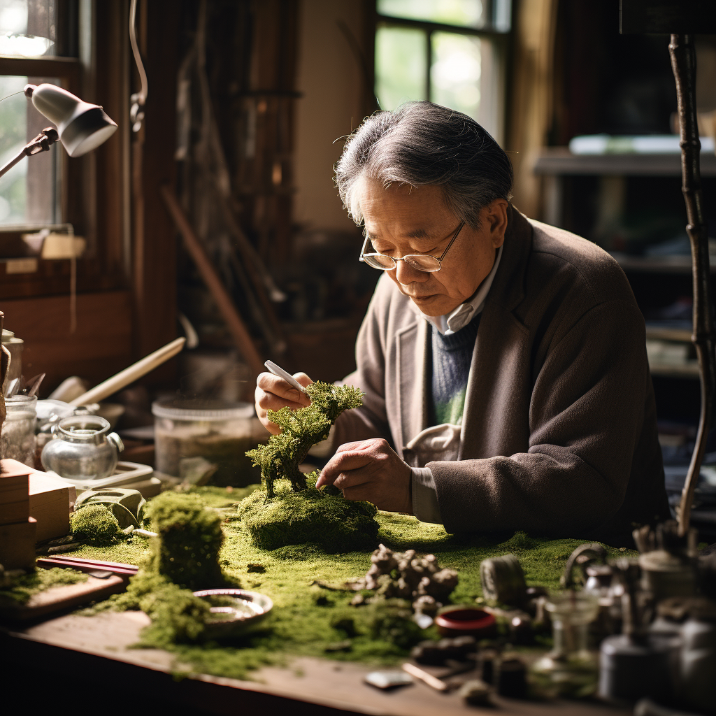 Japanese man crafting delicate moss arrangement