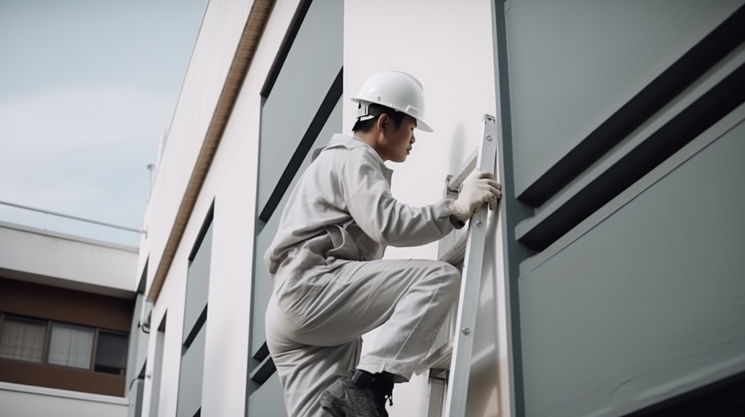 Japanese man painting exterior wall