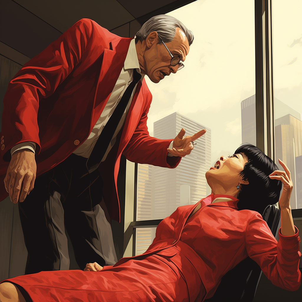 Japanese Matriarch Choking Man in Red Suit