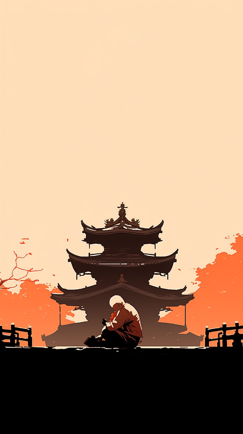 Old shaman bowing to the sun in Japanese minimalist art