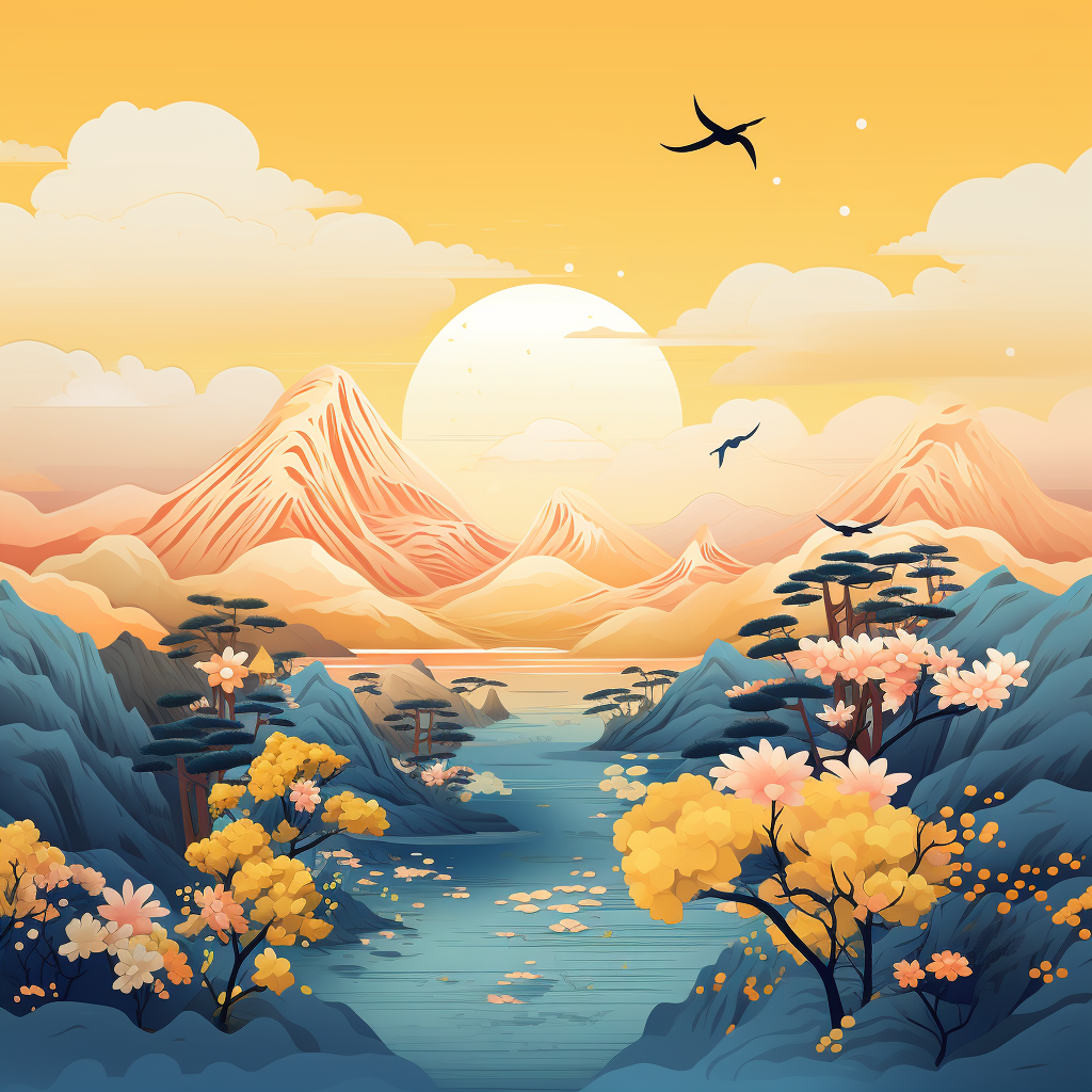 Artistic portrayal of a Japanese mountain landscape