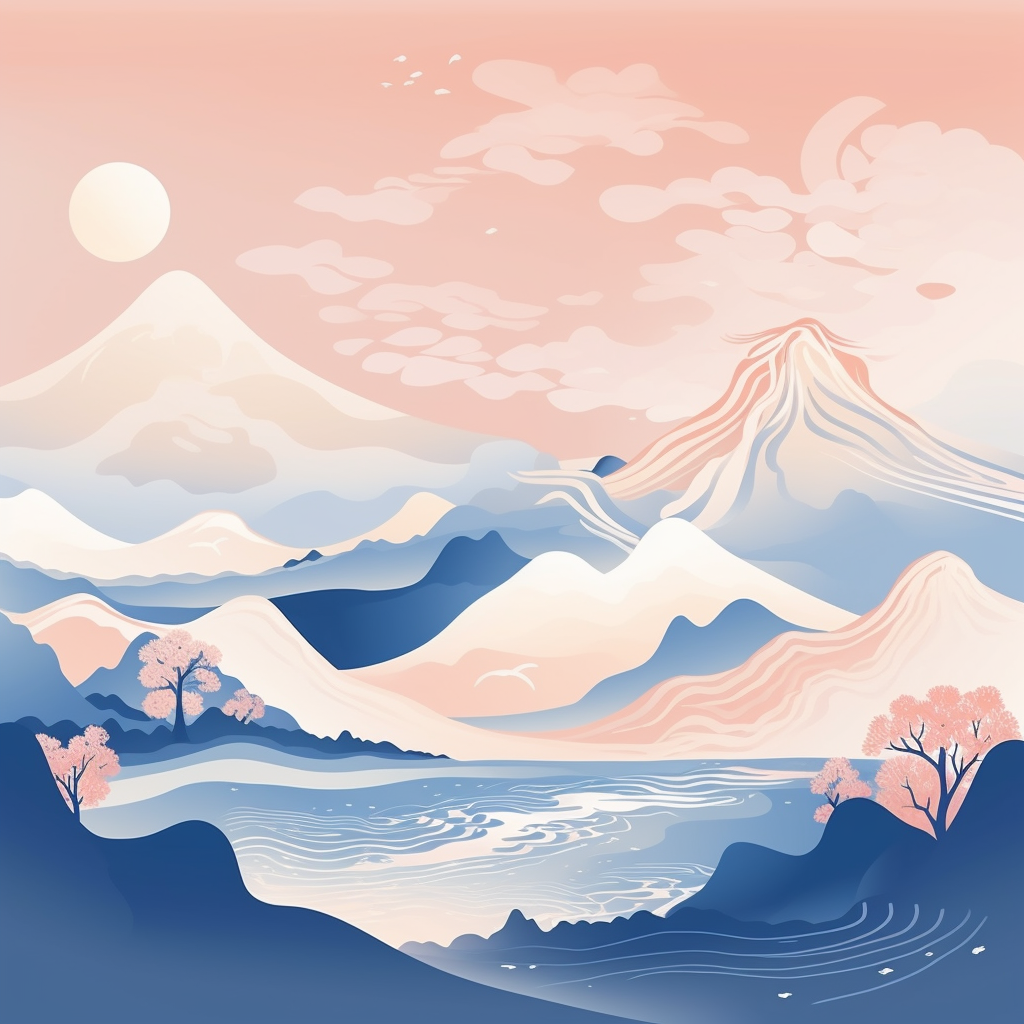 Illustration of Japanese Mountain in Blue and White