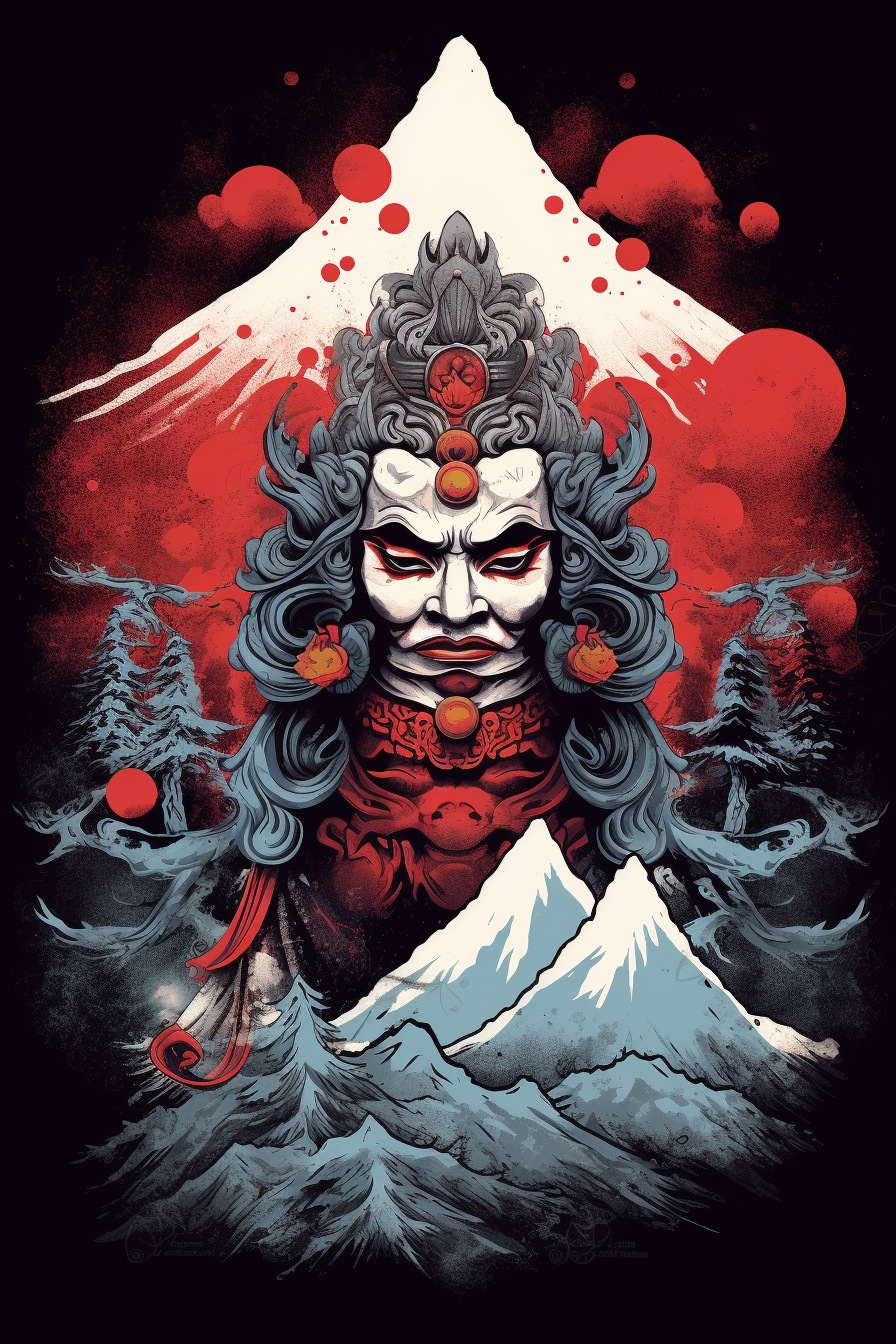 Detailed Japanese mountain Yakshagana Fuji illustration