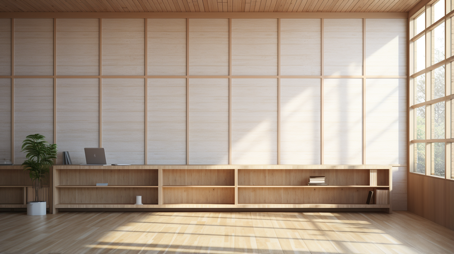 Japanese office wall with no desk, natural daylight, artificial light, and no shadows