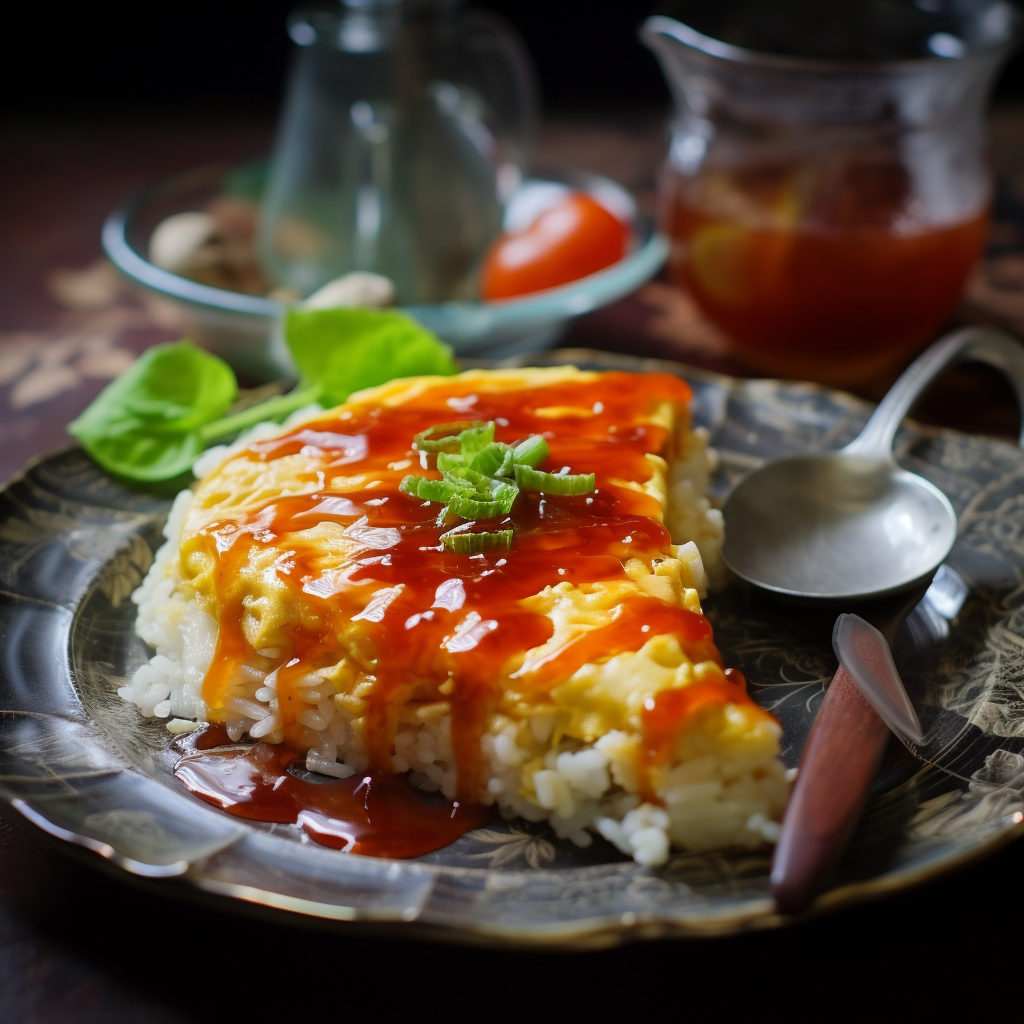 Japanese omelette rice sparkling in the sunlight