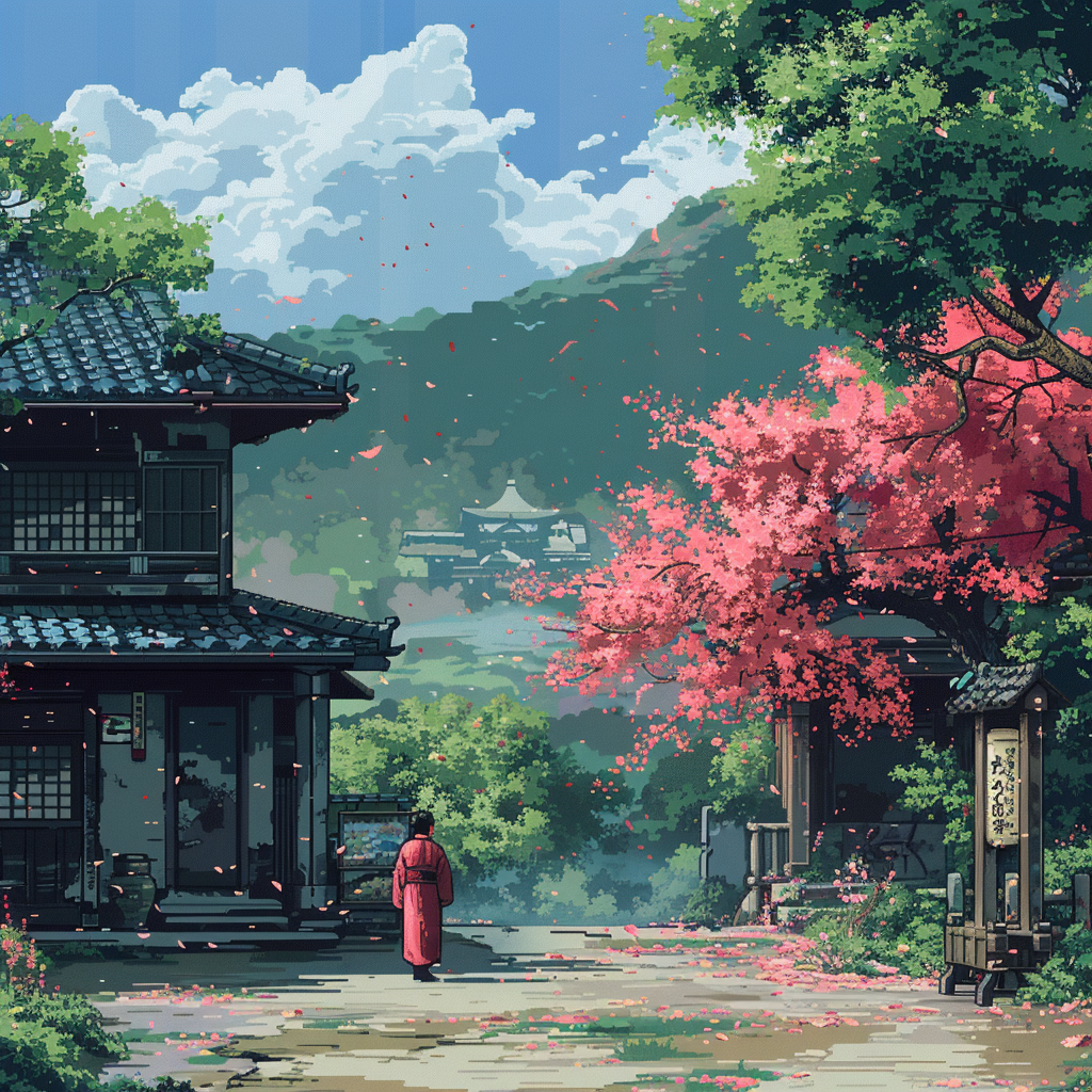 Japanese style pixel art game scene