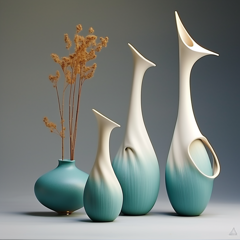 Japanese pottery profiles in white and cyan