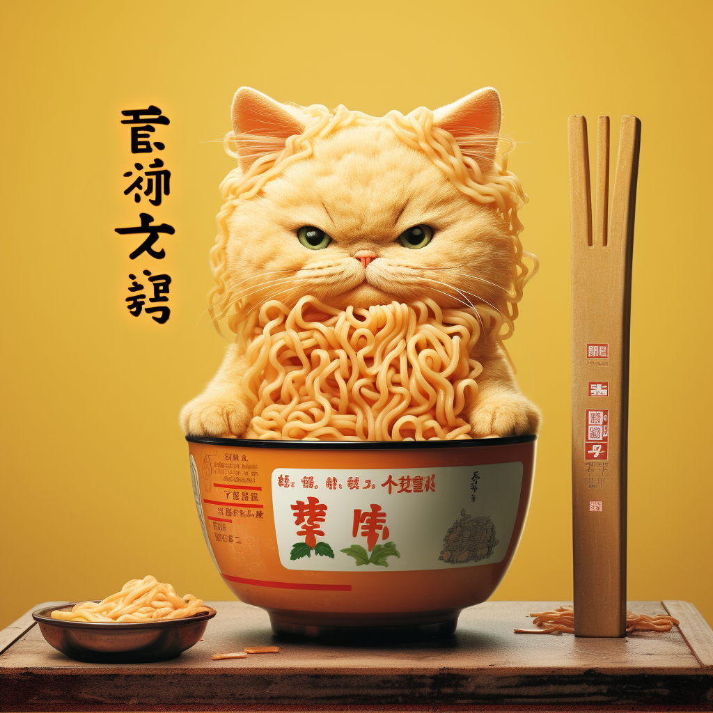 Cartoon cat enjoying Japanese ramen noodles