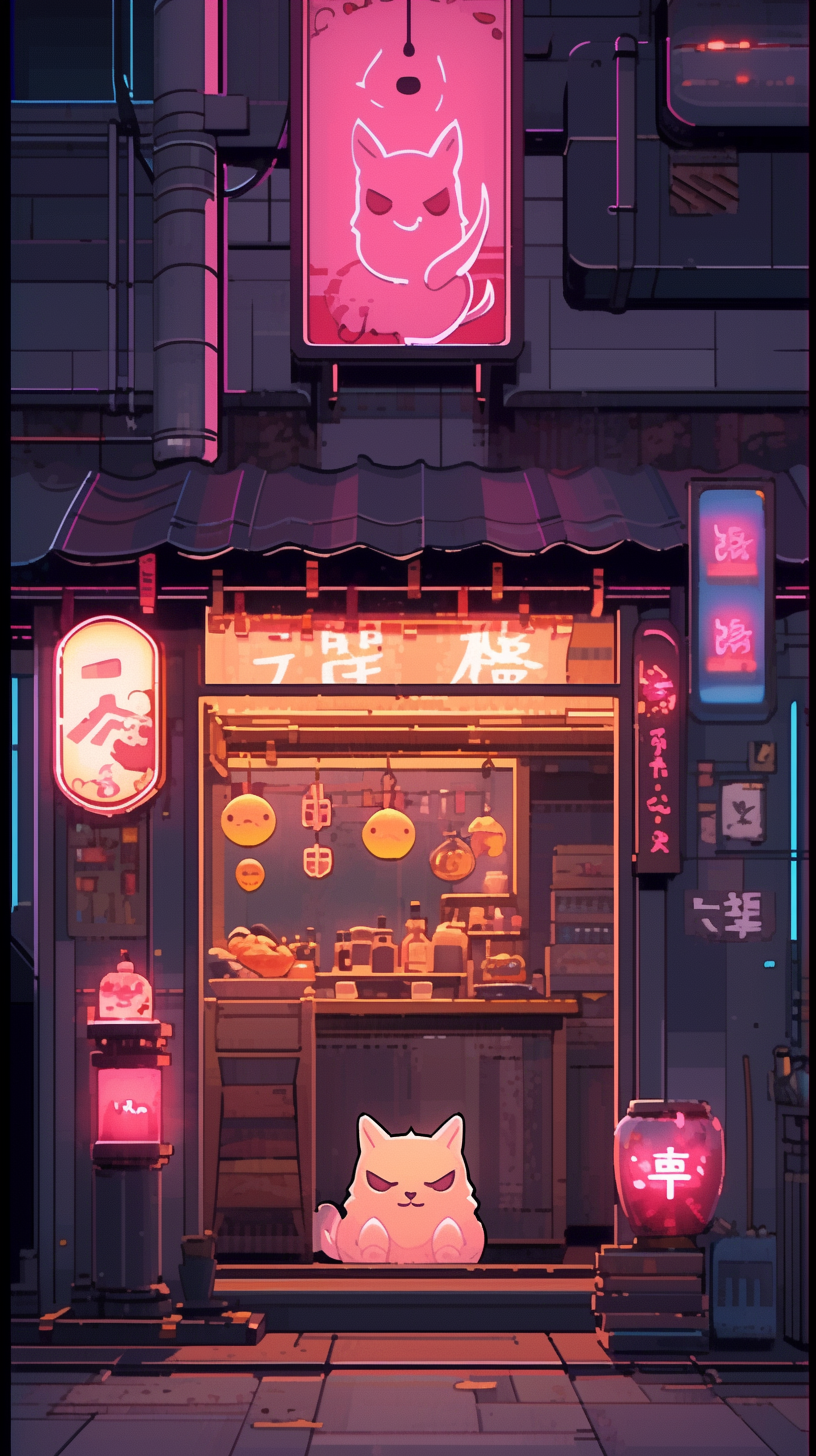 Neon-lit Japanese Ramen Shop with Lucky Cat