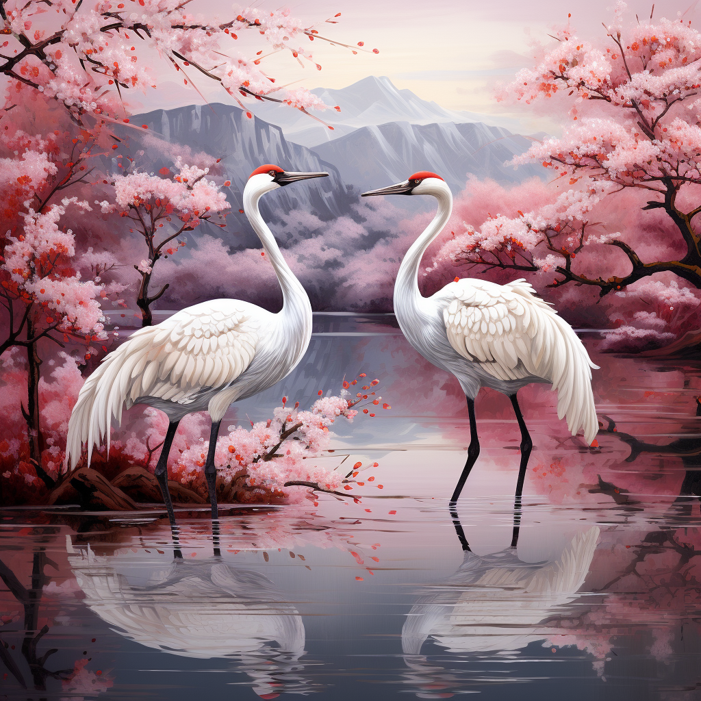 Red crowned cranes and plum blossom