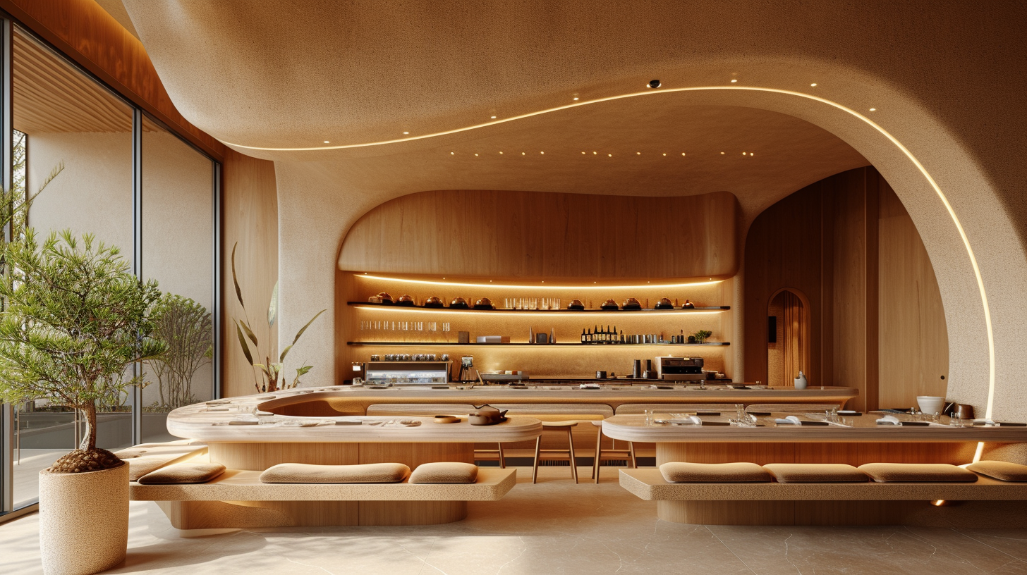 Japanese Restaurant Earthy Tones Curvilinear Design