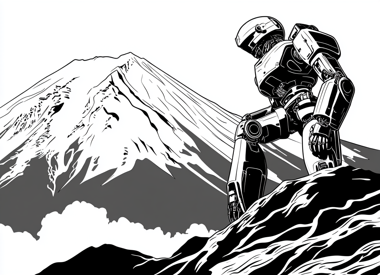 Japanese robot on Mount Fuji coloring page