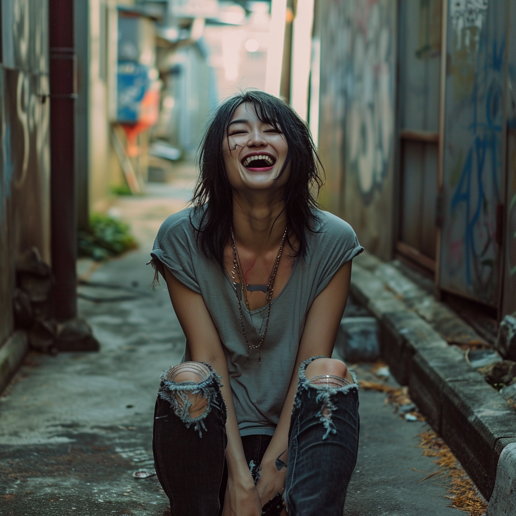 Japanese Rocker Laughing in Industrial Alley