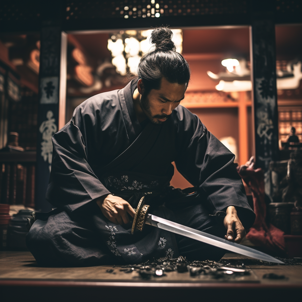 Japanese samurai ghost polishing katana at Zen temple