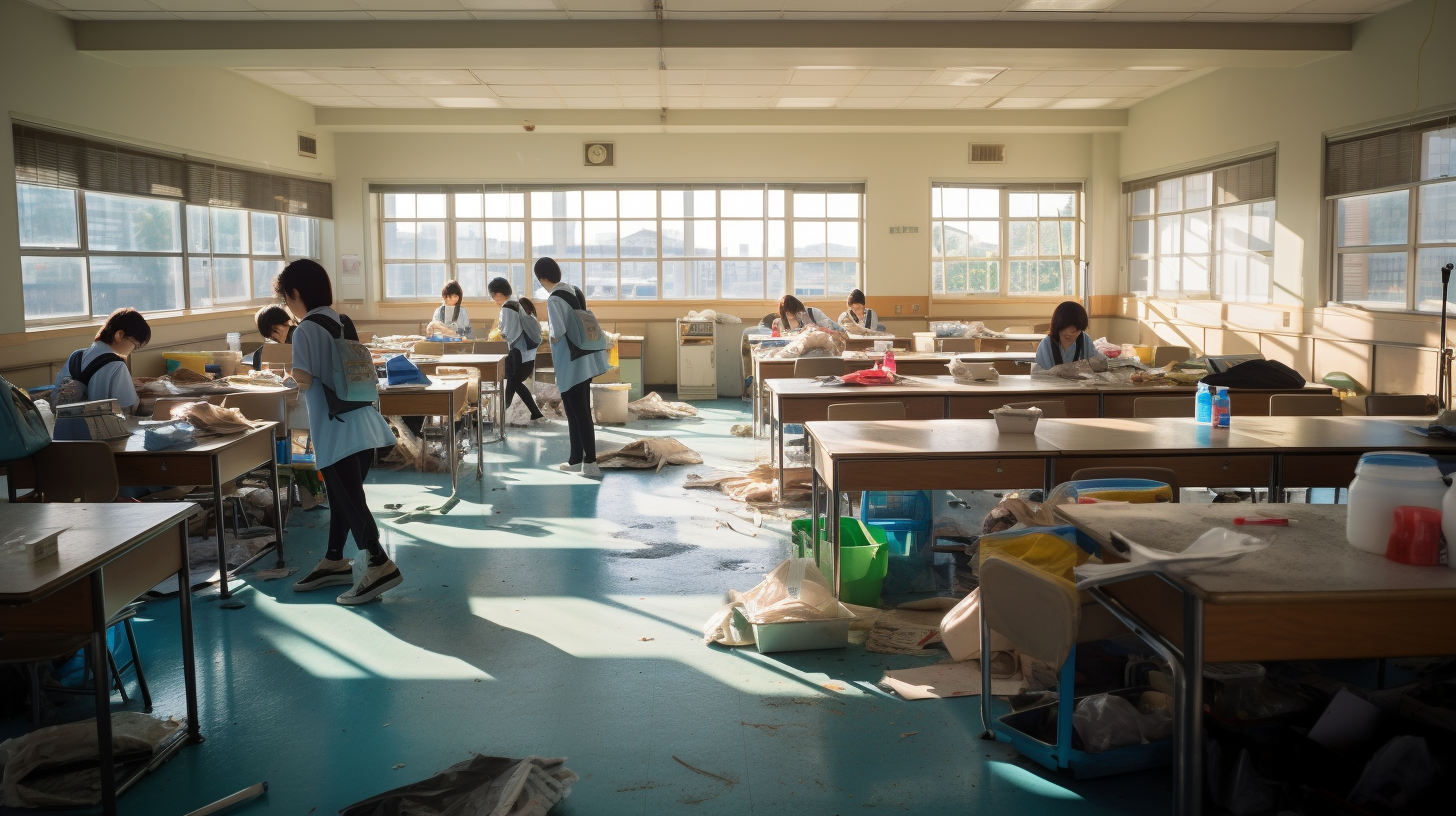 Smiling Japanese School Students Cleaning Classroom