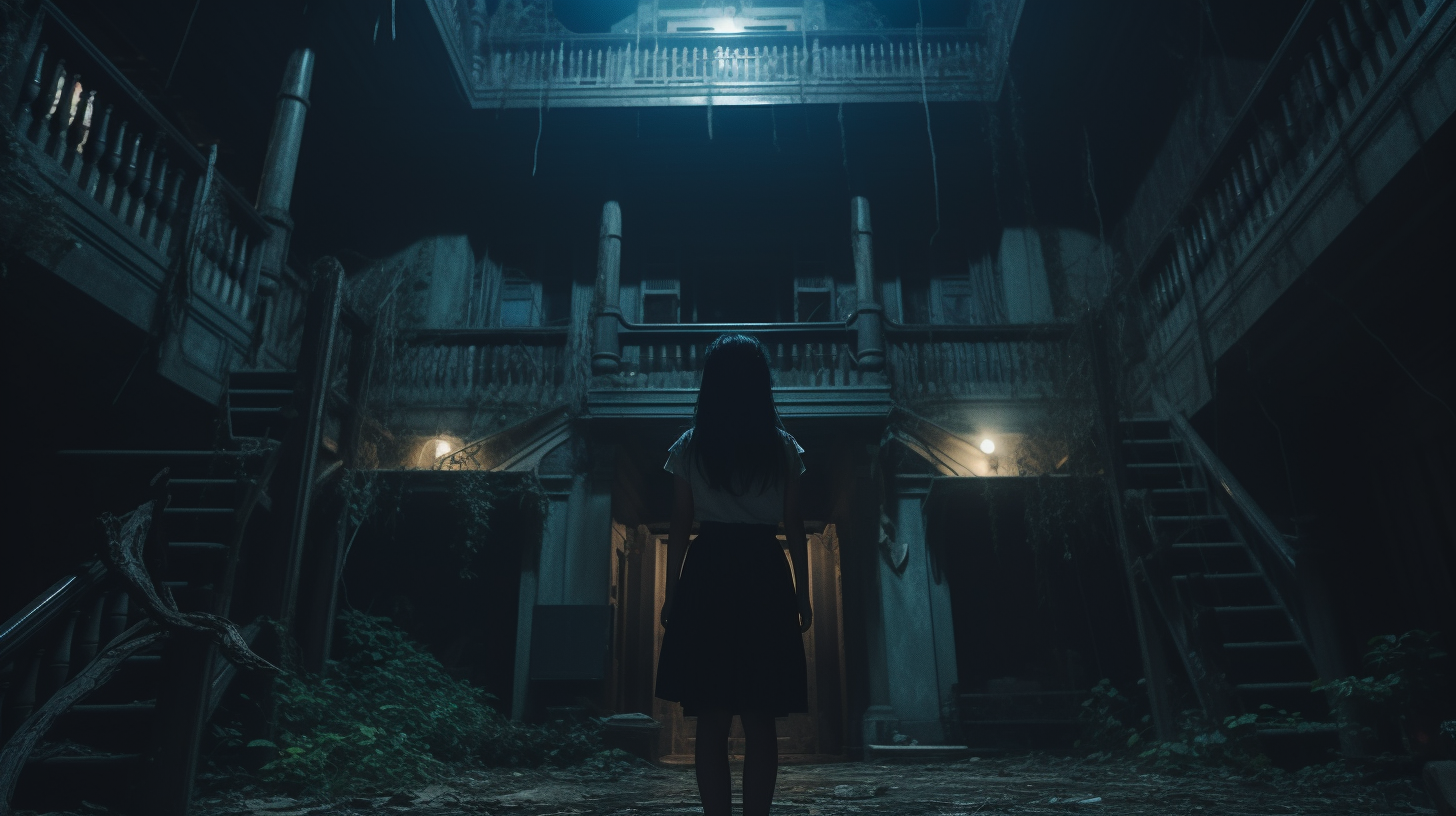 Japanese schoolgirl sneaking through creepy mansion at night