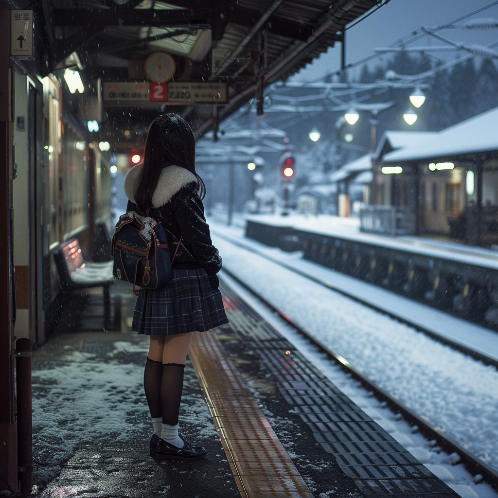 Japanese schoolgirl standing in snow