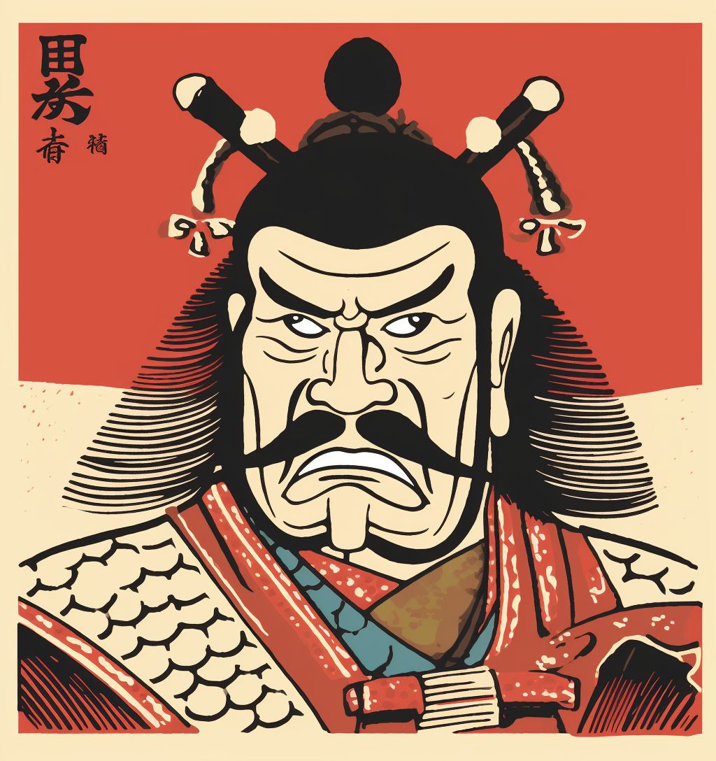 Whimsical Japanese Shogun Woodblock Illustration