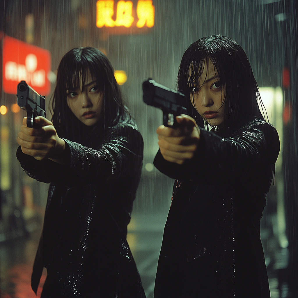 Two Japanese sisters pointing guns