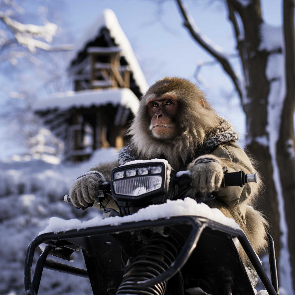 Japanese Snow Monkey Admiring UTV Side-by-Side Vehicle