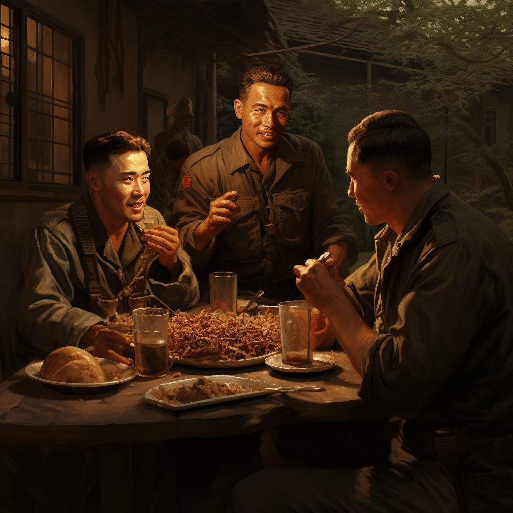 Japanese soldiers eating together during 1944