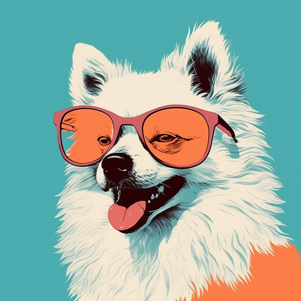 Japanese Spitz wearing sunglasses at a retro party