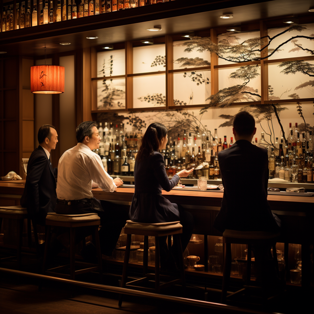 Cozy Japanese-style bar ambiance with patrons