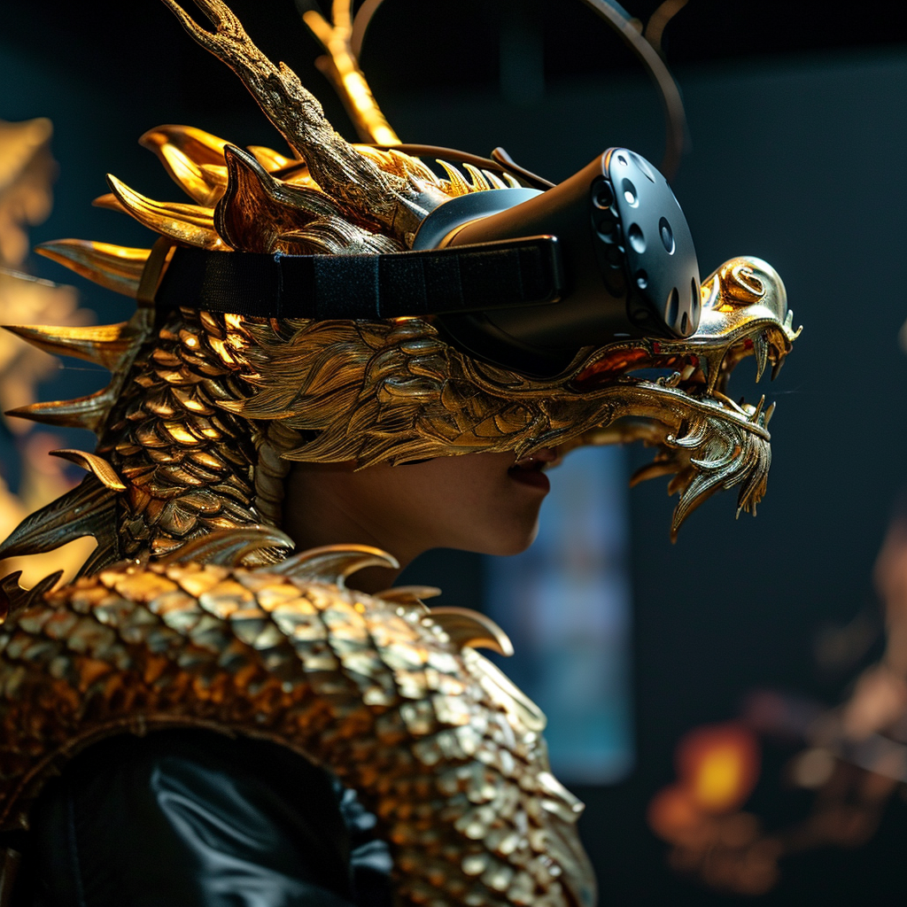 Japanese style dragon wearing VR headset