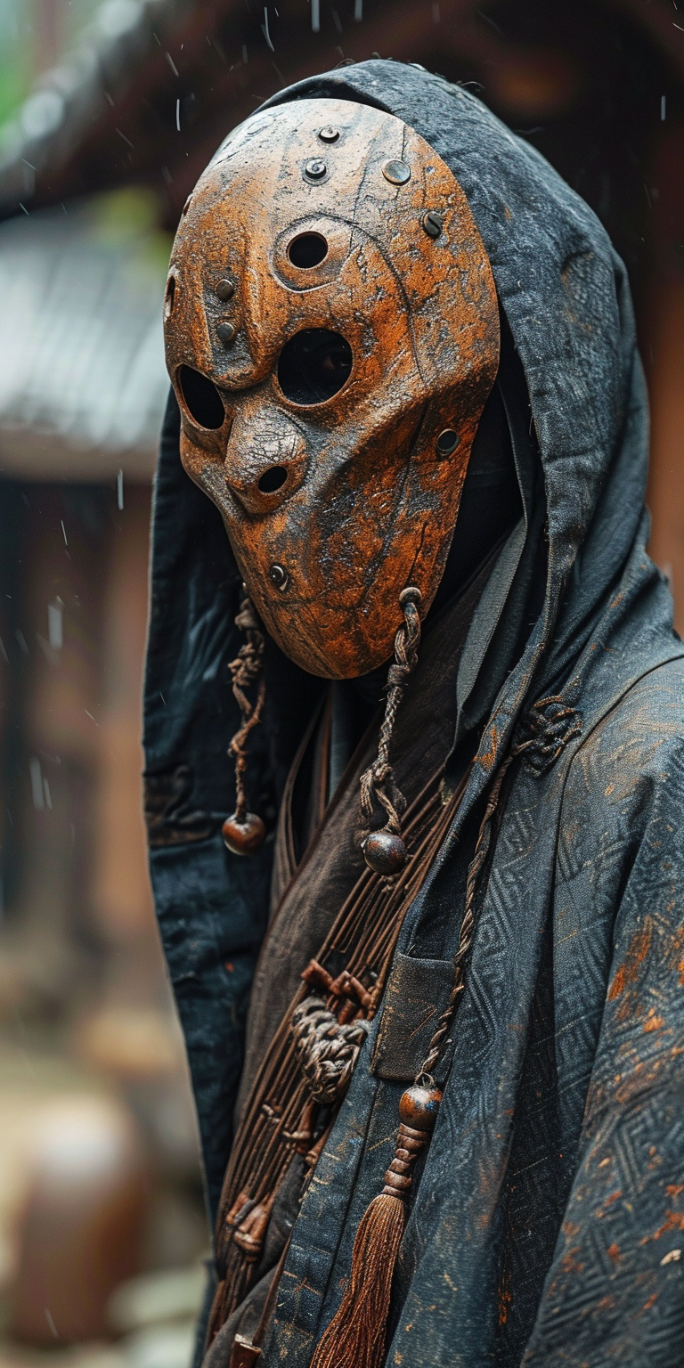 Japanese style specter mask in eerie village background