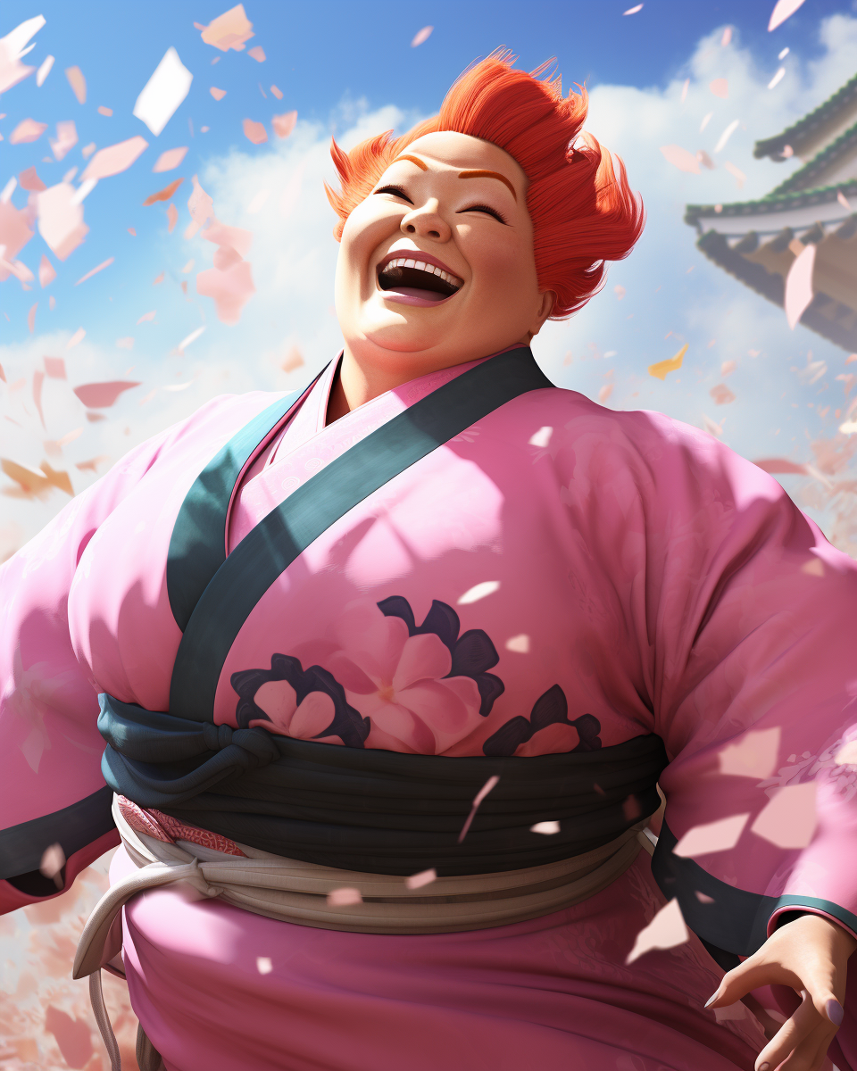 Japanese Sumo Woman with Pink Hair Smiling