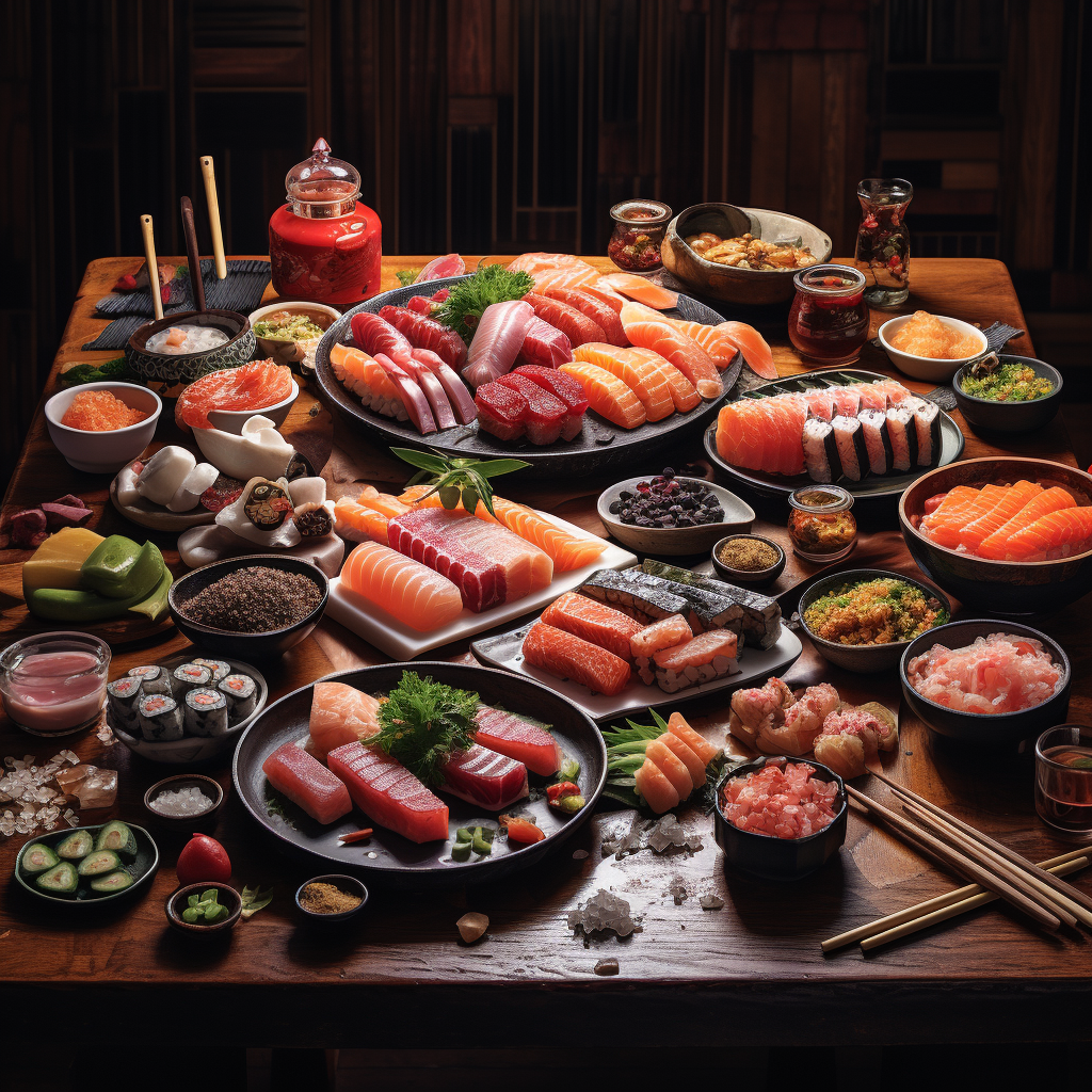 Japanese Table with Sushi and Sashimi