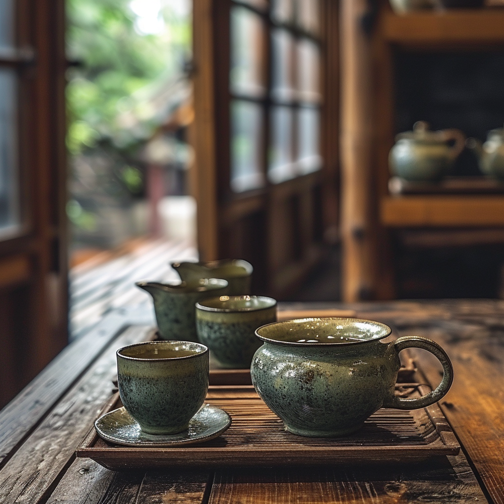 Japanese tea cups on wooden table