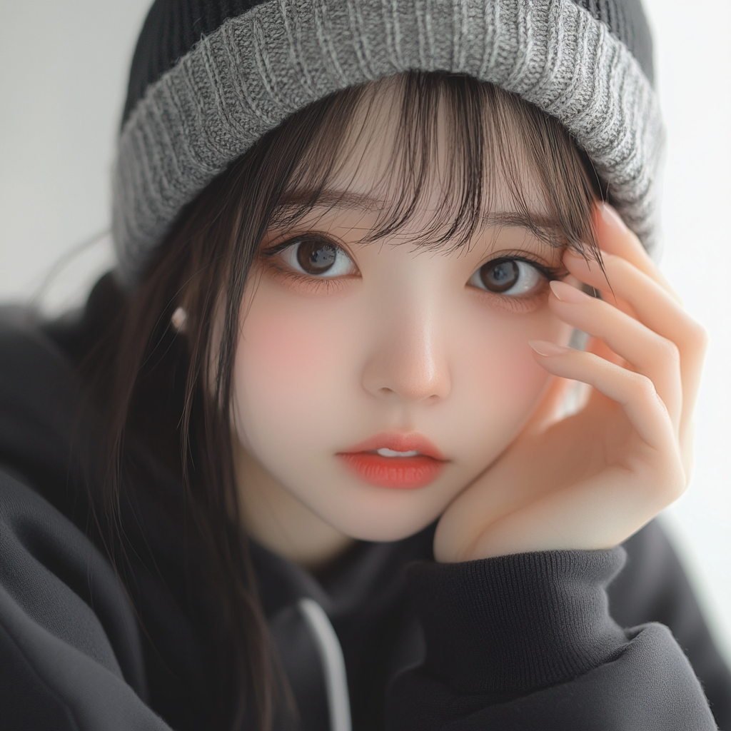 Japanese girl in black gray sweatshirt selfie