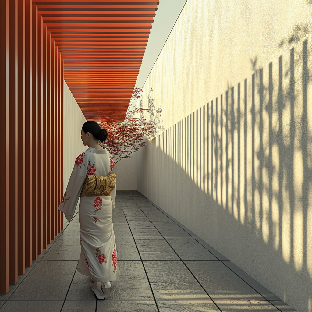 Asian woman walking in Japanese temple courtyard