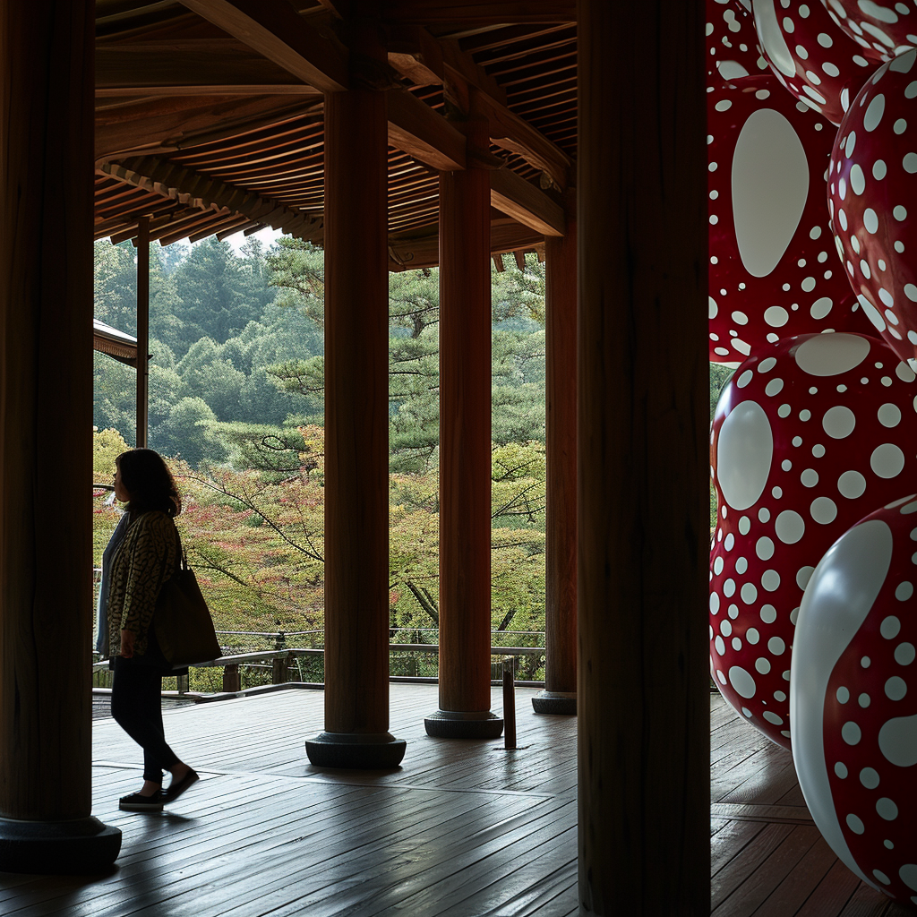 Beautiful Japanese Temple Facade with Kusama Art