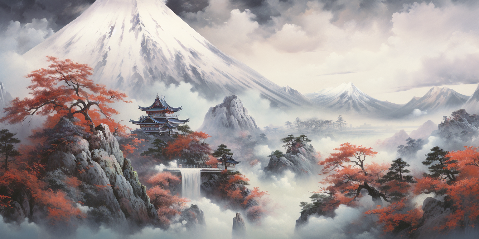 Japanese temple with Mt. Fuji in dynamic landscape