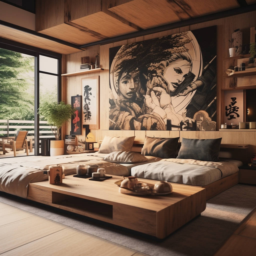 Japanese themed bachelor pad with natural wood furniture and manga artwork