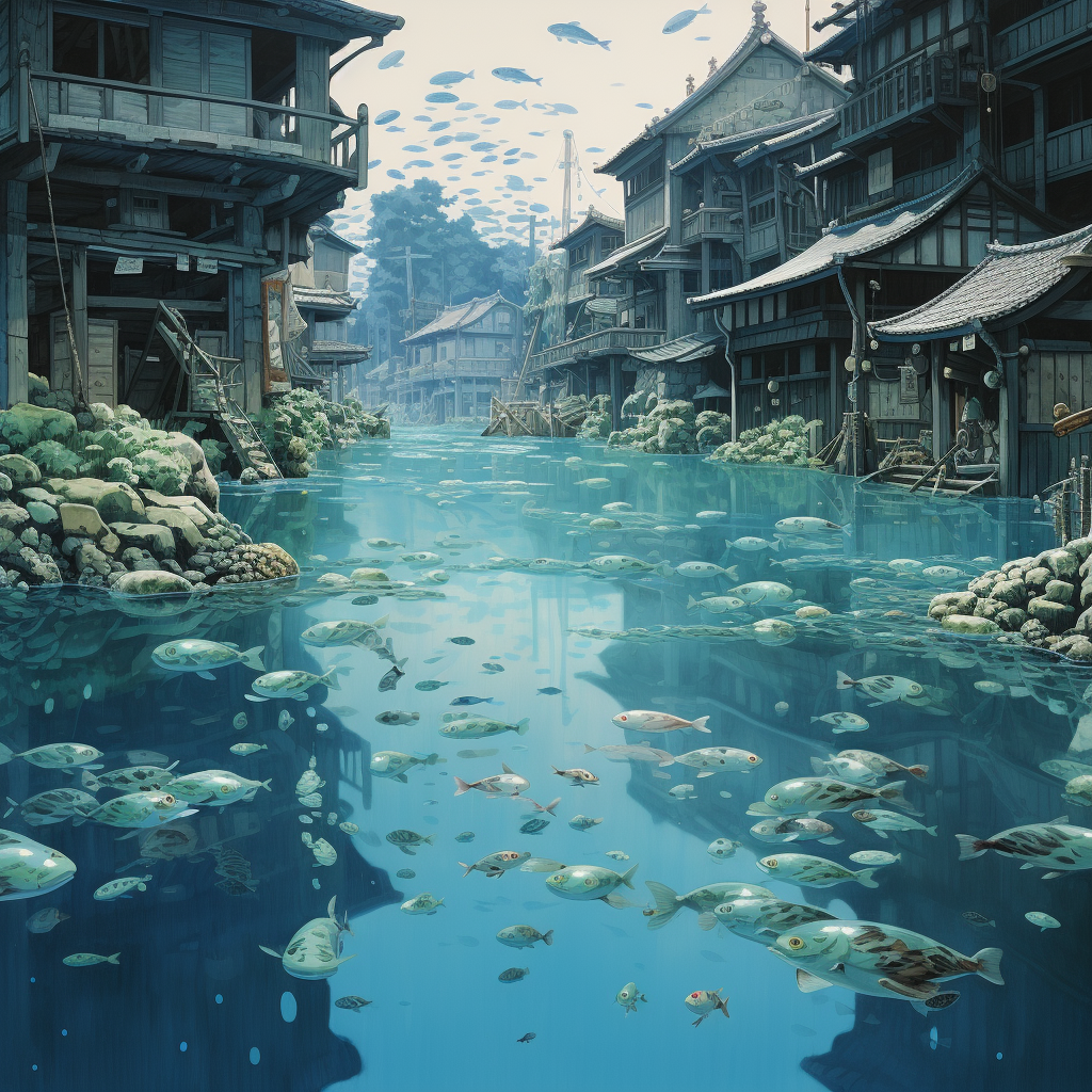 Japanese town underwater with small fish