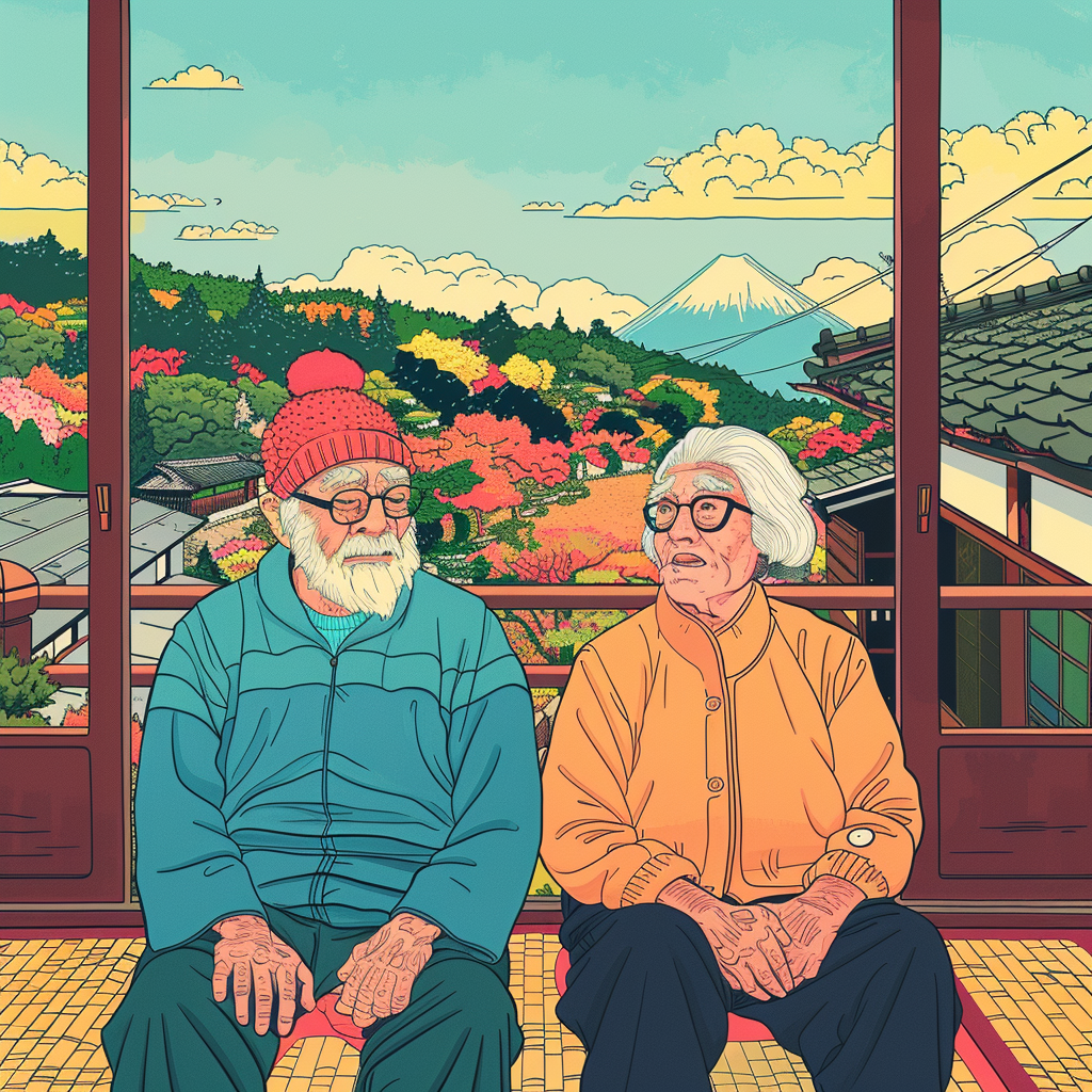 Elderly Japanese couple in traditional home