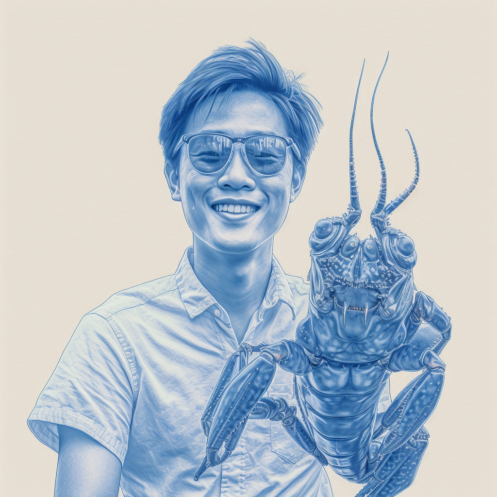 Japanese uncle holding Australian lobster with smile