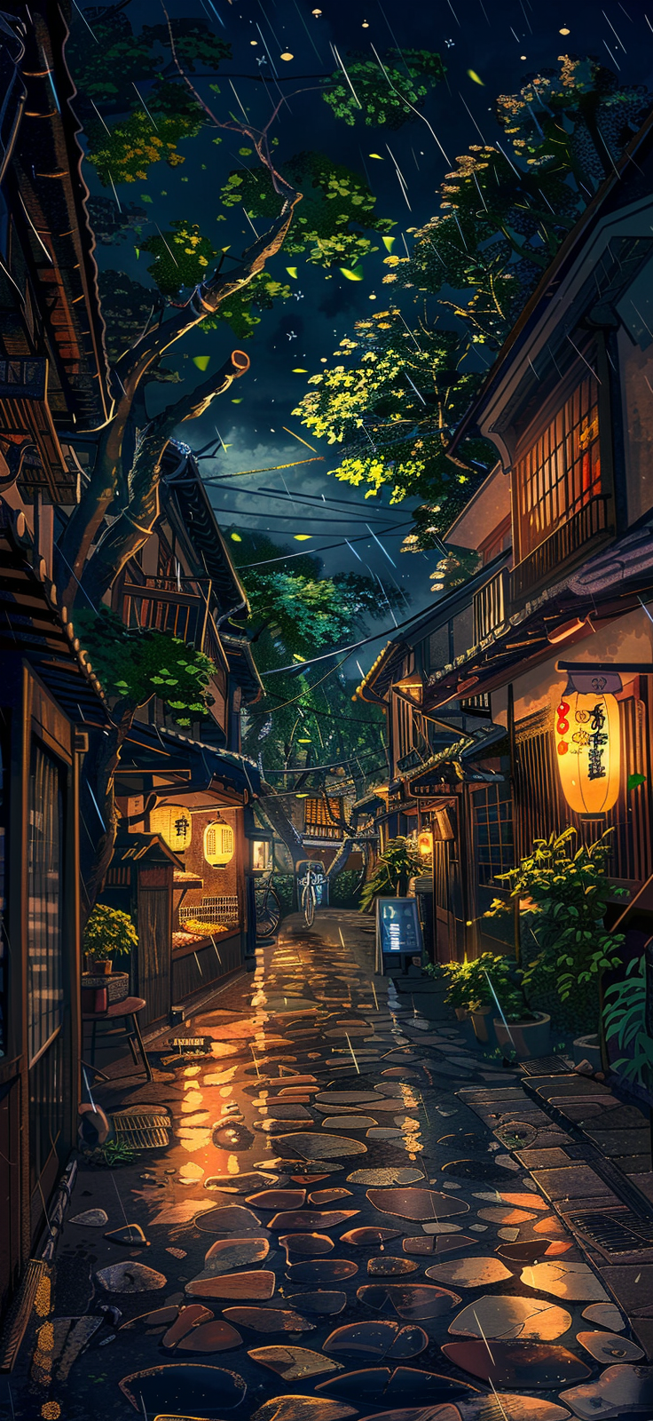 Japanese village alley night lights