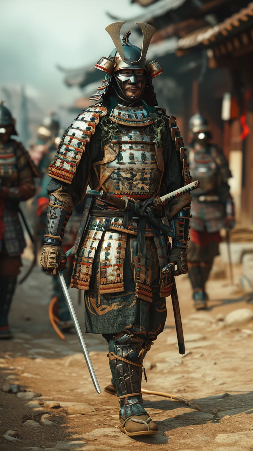 Japanese warriors in traditional armor and weapons