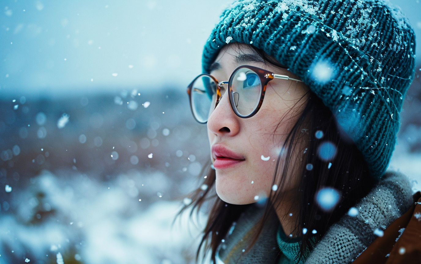 Japanese woman in blue knit hat and glasses in snow