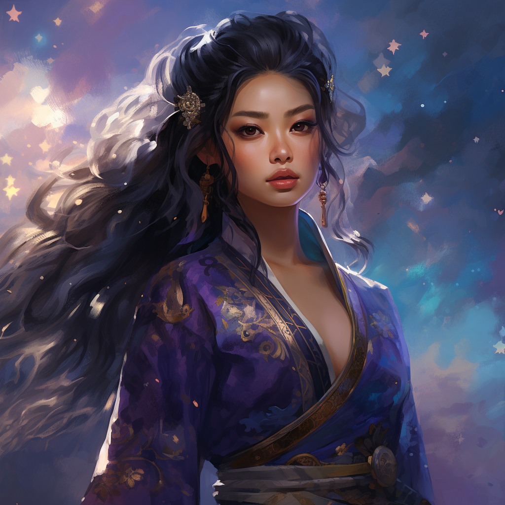 Japanese woman in starry blue and purple kimono