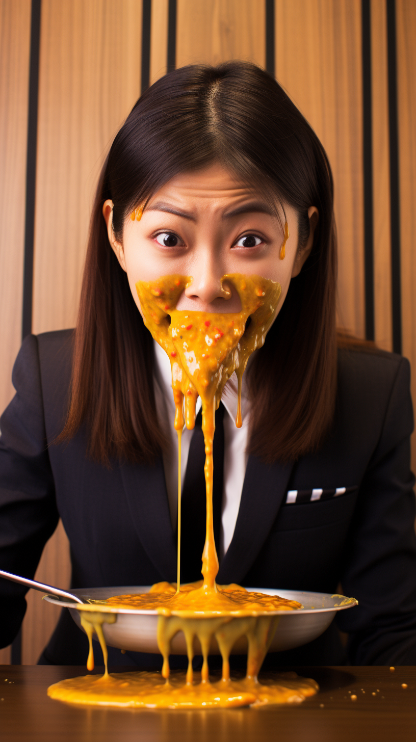 Japanese woman in business suit with curry sauce