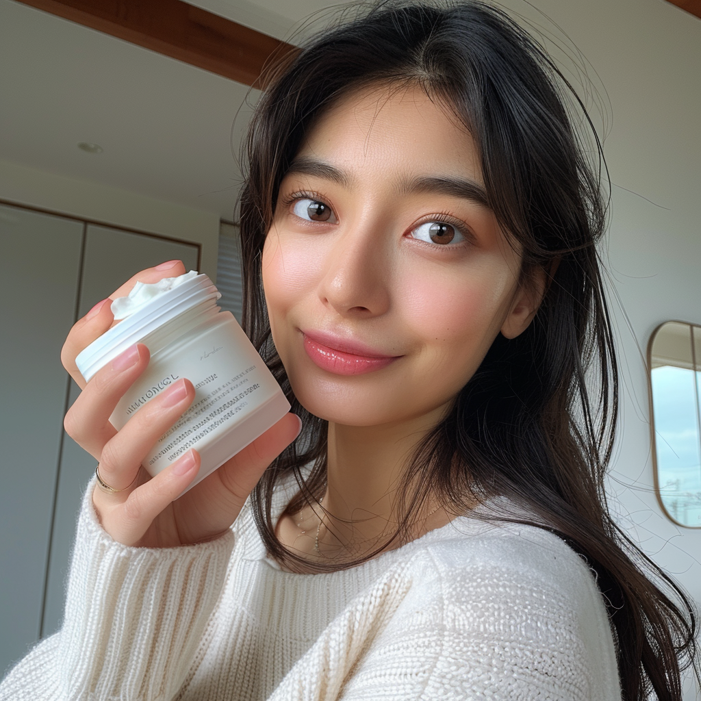 Japanese woman holding cream container