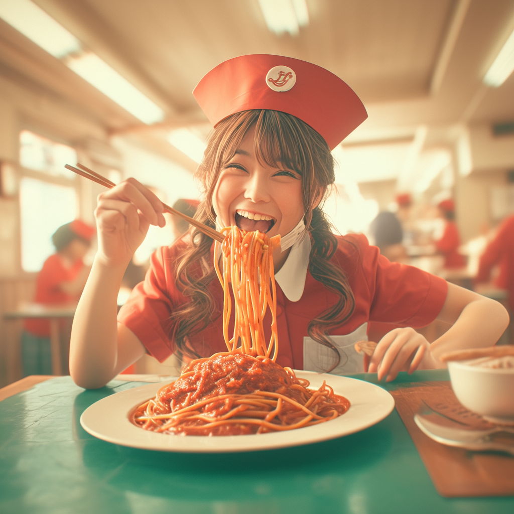 smiling Japanese nurse eating spaghetti