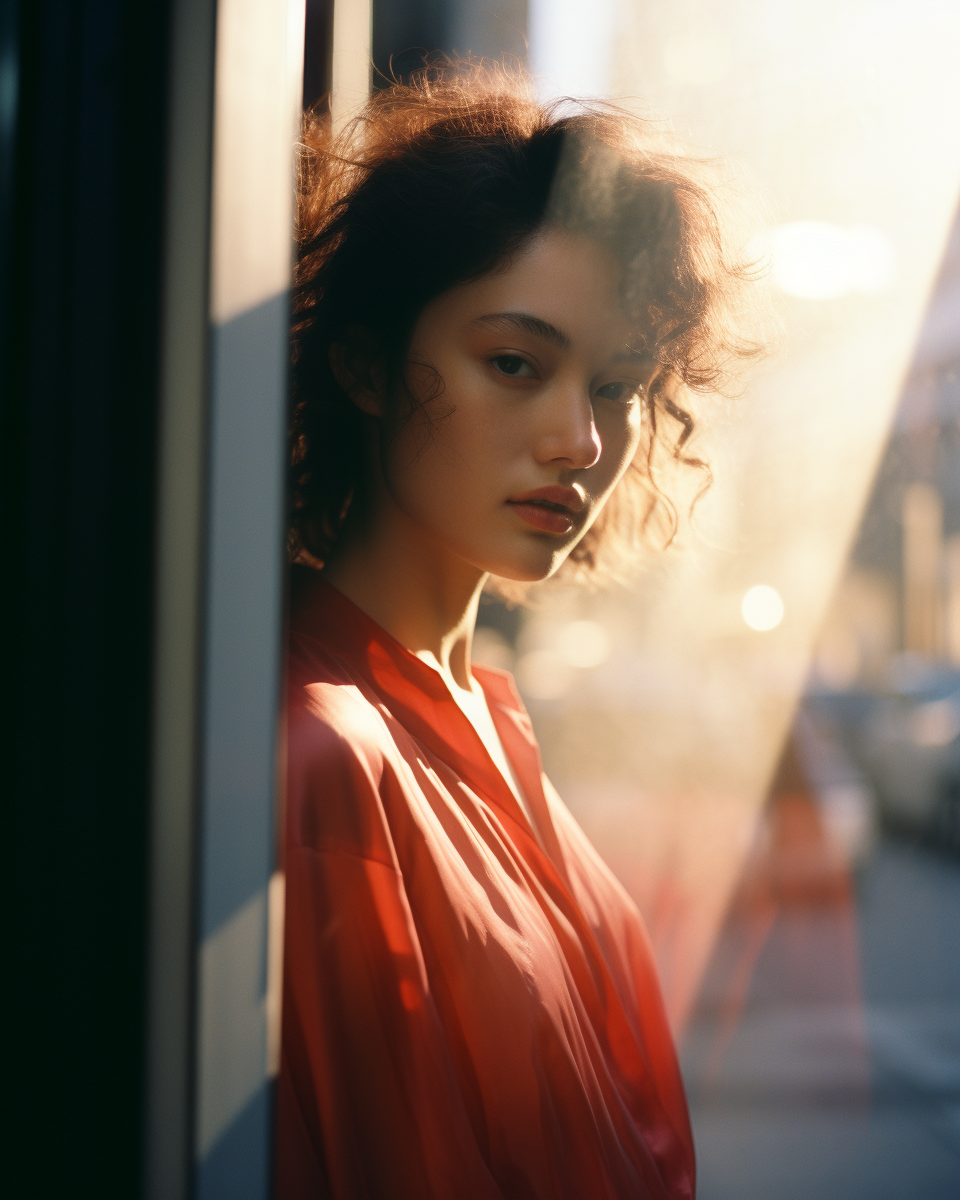 Young Japanese woman in fashionable clothing on morning street