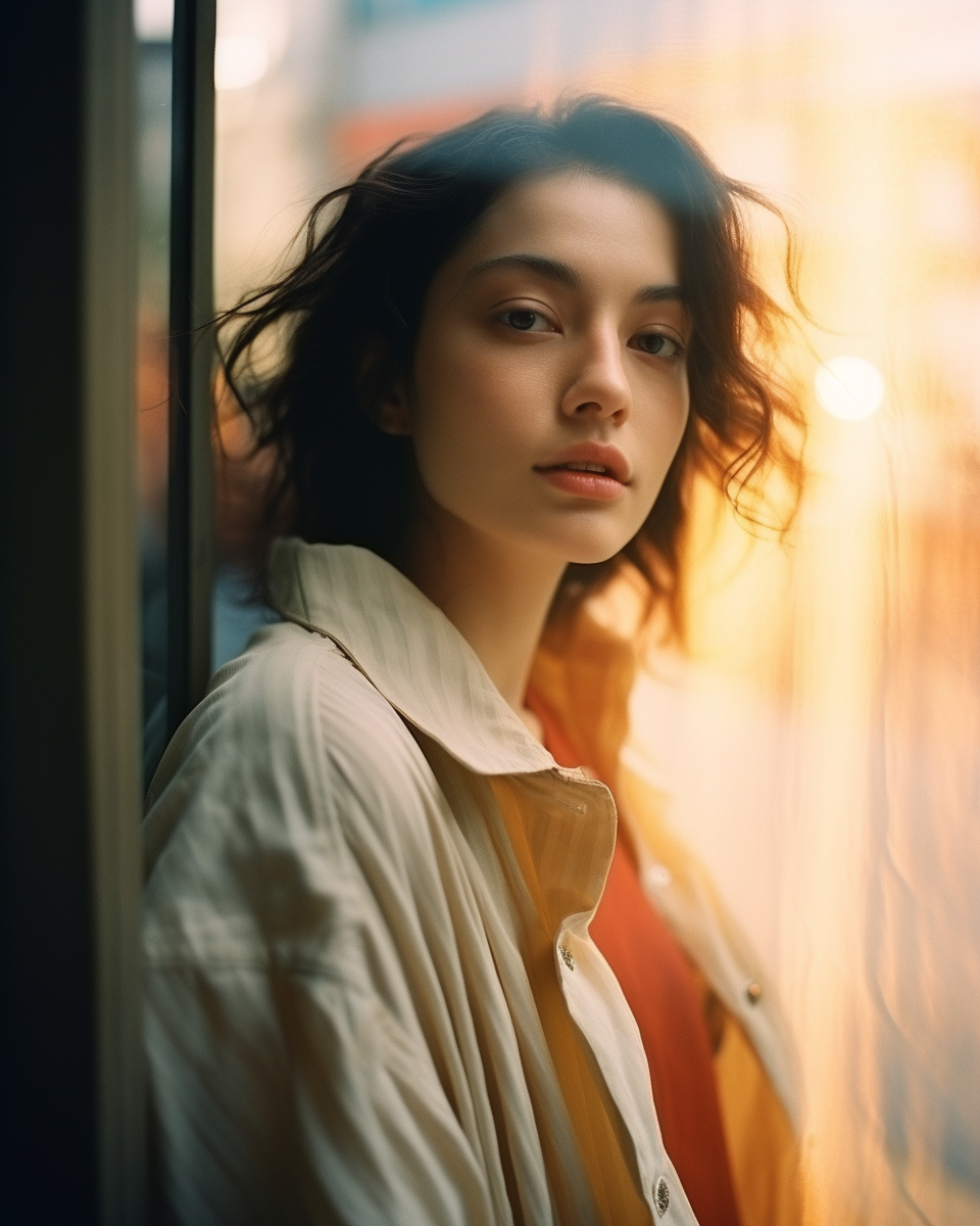 Japanese woman in fashionable clothing walking in morning sunlight